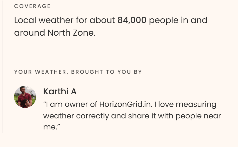 A public ritu weather page: local weather for 84,000 people, brought to you by the station owner, Karthi A.