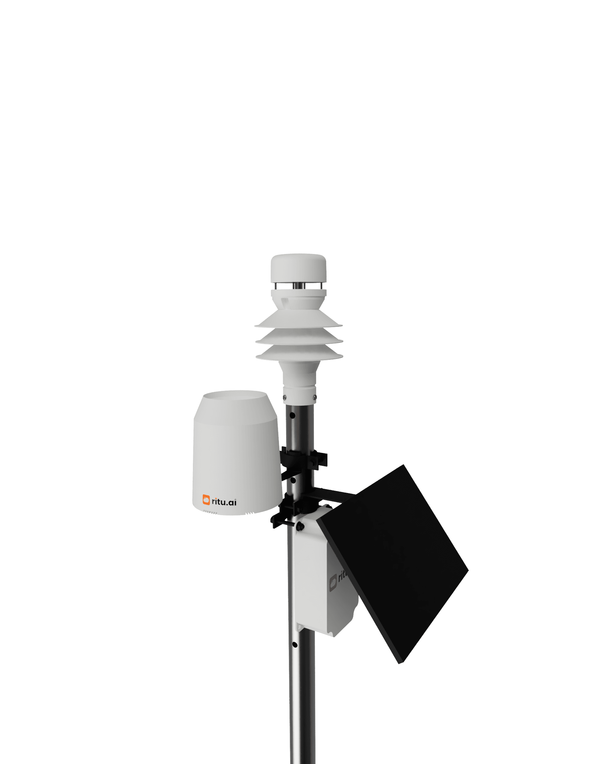 A ritu weather station on its mast: sensors, rain gauge, wind sensor, and solar panel.